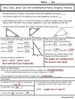 Trig Ratios Of Complementary Angles Guided Notes And Practice Worksheet