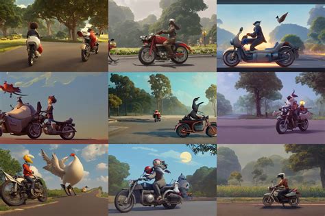 A Wholesome Goose Riding A Motorcycle Studio Ghibli Stable