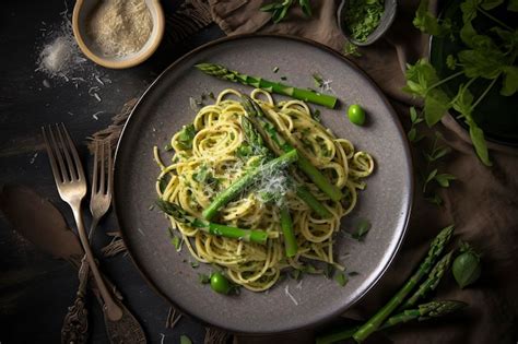 Premium AI Image Traditional Italian Spaghetti With Asparagus In A