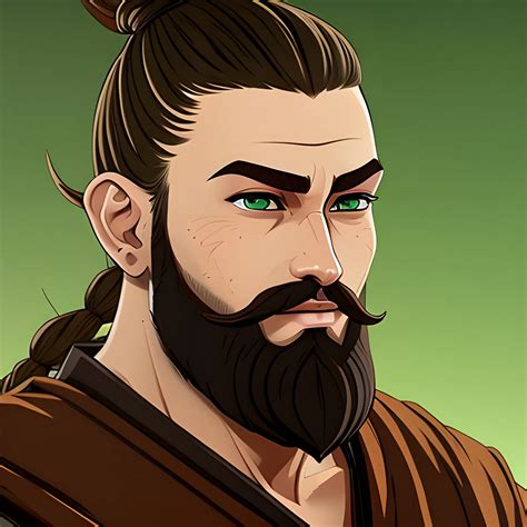 Brown Hair Man Bun Beard Green Eyes Dnd Monk Artstyle Arthub Ai