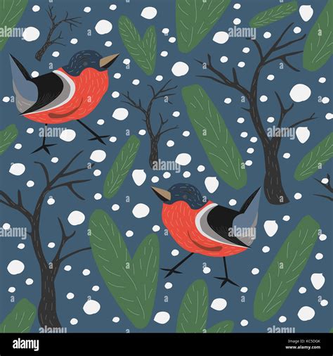 Bird Seamless Pattern Bullfinch Birds Vector Illustration Stock