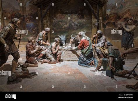 Ancient Nativity Scene With Wooden Sculptures Sacro Monte Of Varese