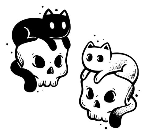 two skulls with cats on them and one skull has a cat's head in the middle