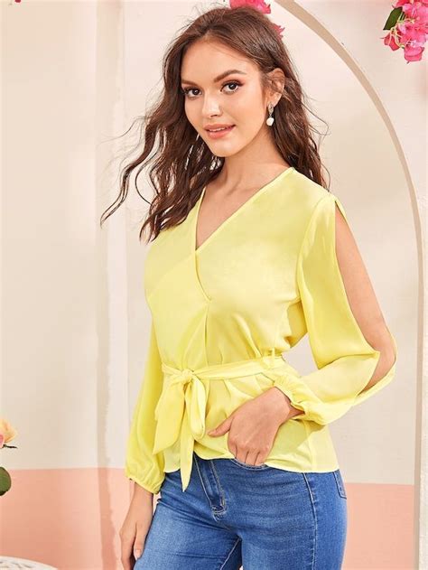 Split Sleeve Self Belted Wrap Top Shein Types Of Sleeves How To