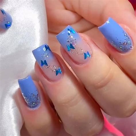 Misud Short Square Press On Nails Squoval Fake Nails Glossy Glue On Nails Summer Blue Acrylic