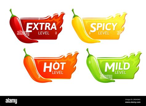 Spicy Level Hot Chili Red Pepper Cayenne Jalapeno Icons With Fire Flames Vector Spicy Food