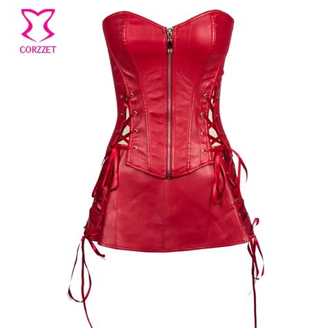 Side Lace Up Hollow Out Zipper Red Faux Leather Corset Dress Gothic