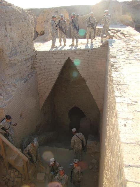 The Great Sumerian Ziggurat of Ur, Iraq - Entrance, guardet by US solders under occupation of ...