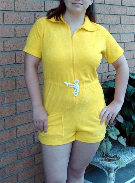 60s 70s Yellow Terry Cloth Romper Size Medium By Vixvintage