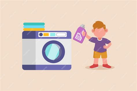 Premium Vector Little Boy Doing Laundry With Washing Machine And