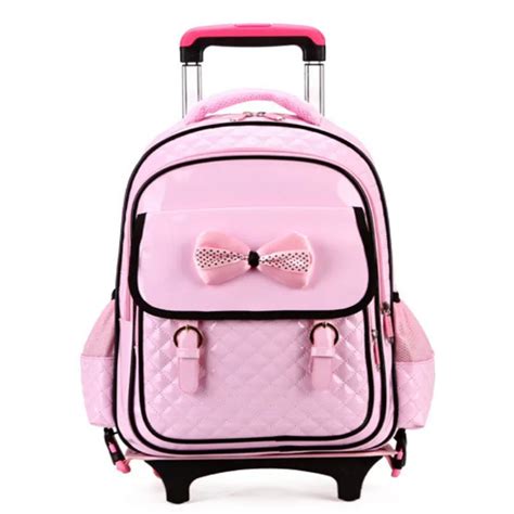 Pu Orthopedic Girls Trolley School Bags Lovely Pink Children Rolling