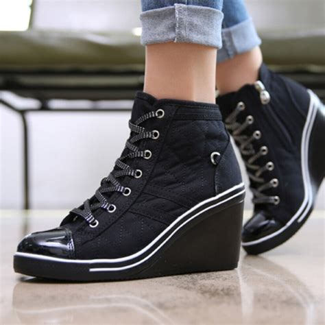 Epdavin Womens Casual Canvas High Top Wedge High Heel Quilted Lace Up Sneakers Ebay