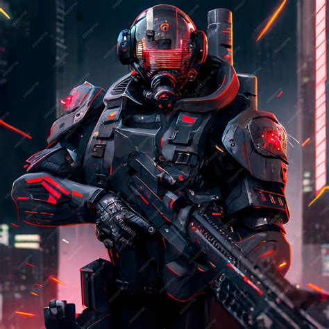 Premium Ai Image A Soldier In A Futuristic City With A Red And Black