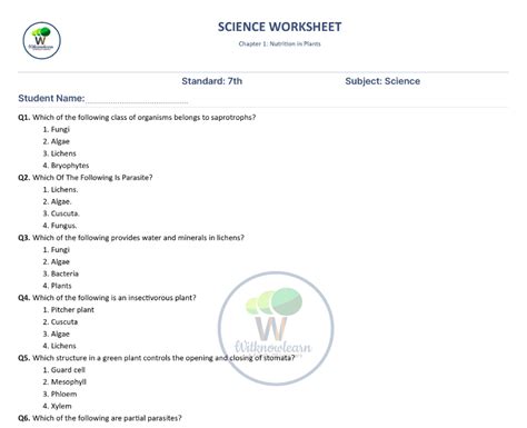 Nutrition In Plants Class 7 Worksheet With Answer