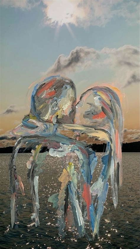 An Abstract Painting Of Two People Embracing Each Other In Front Of The