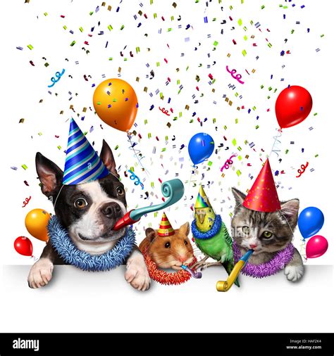 Party pet celebration and new year partying as a group of pets as a ...