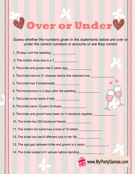 Over Or Under Bridal Shower Game Printables