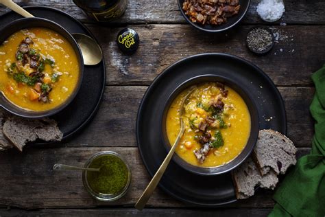 Kumara Bacon And Red Lentil Soup With Celery Leaf Pistou