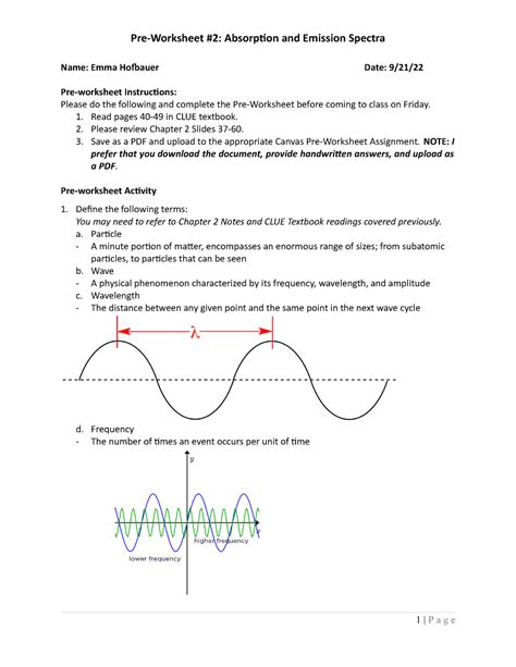 Pre Worksheet 2 Absorption And Emission Spectra Revised Pre Worksheet