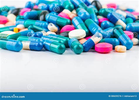 Medication With Different Types And Colours Tablets And Pils Stock