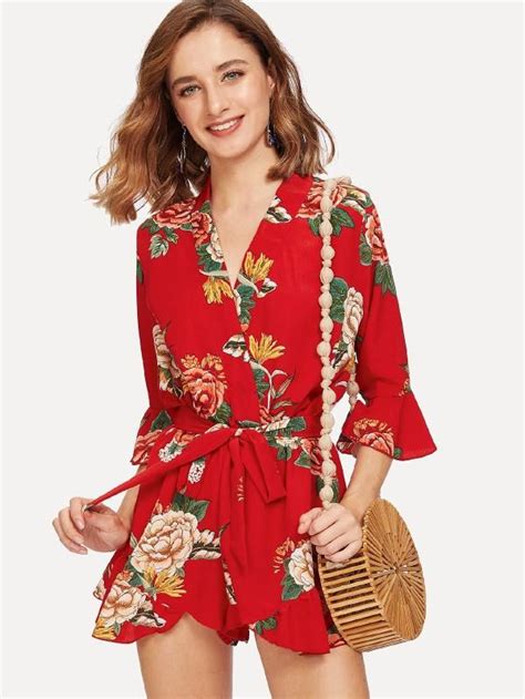 Shein Bell Sleeve Ruffle Hem Floral Wrap Romper Bell Sleeves Wrap