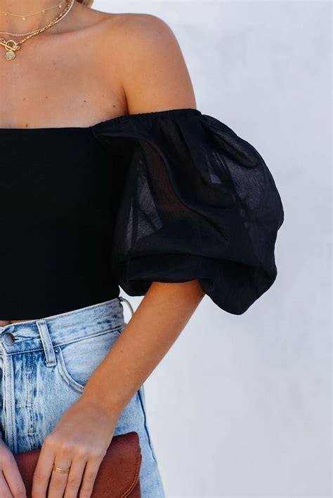 Solid Square Neck Puff Sleeve Crop Top Black Xl Polyester