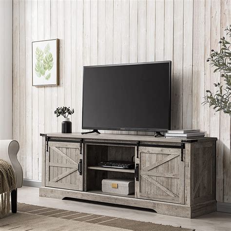 OKD Farmhouse Wood 66 TV Stand With Barn Door For Max 75 Inch TV For