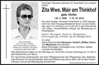 Traueranzeigen Von Zita Mair Am Tinkhof Trauer Bz