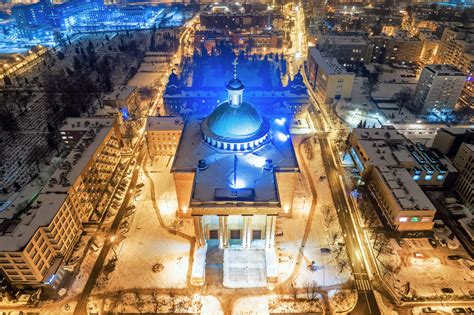 Katowice zimą archikatedra z lotu ptaka POLAND ON AIR