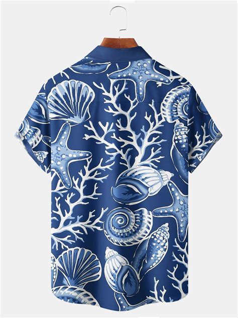 Royaura Beach Vacation Men S Blue Hawaiian Shirts Ocean Coral Starfish