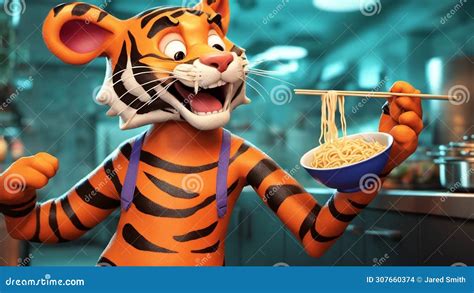 Tiger In The Park The Tiger Is Eating Noodles In The Kitchen Stock