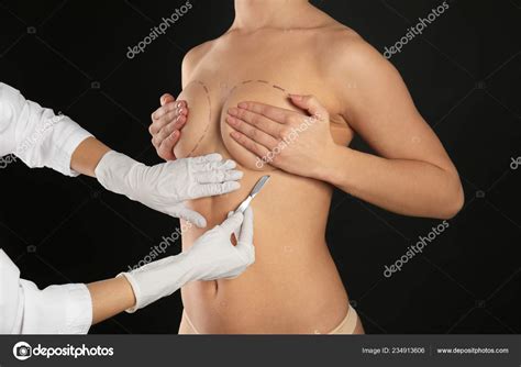 Naked Woman Doctor Lancet Dark Background Concept Breast Augmentation