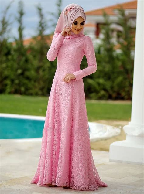 New Pink Lace Long Sleeve Muslim Evening Dresses Pink Hijab