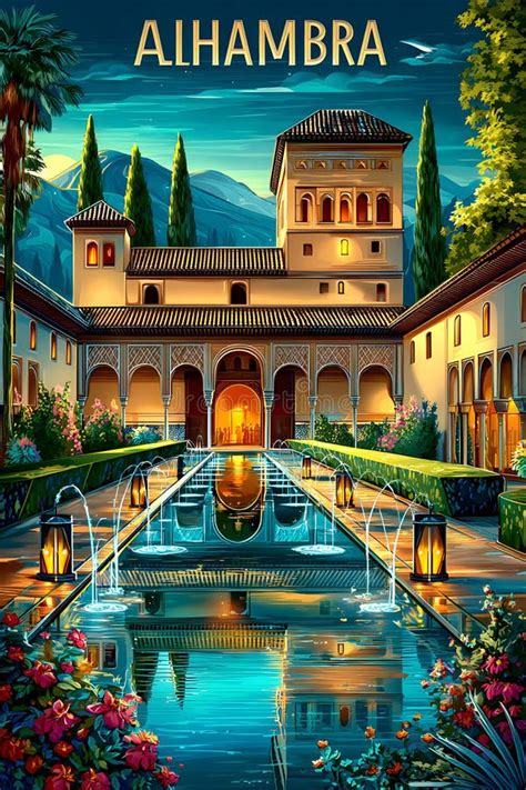 stunning night view  alhambra  reflections stock illustration