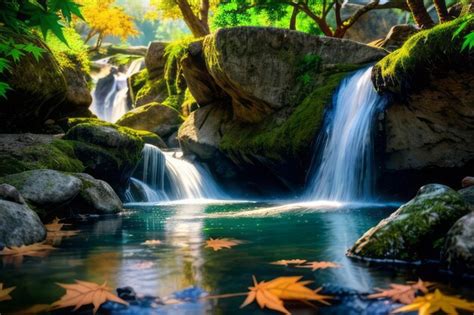 Premium Photo | Waterfall landscape with maple tree relaxing background ...