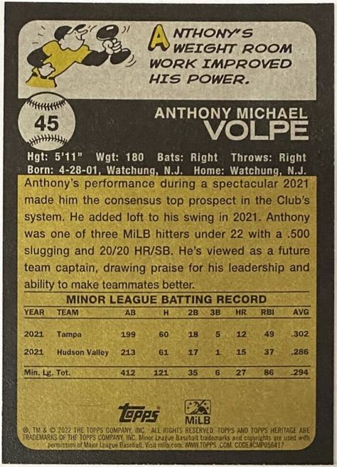 Anthony Volpe 2022 Topps Heritage Somerset Patriots Baseball Minor