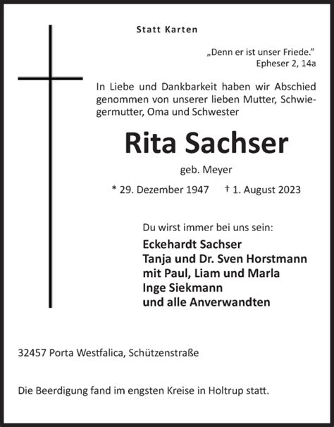 Traueranzeigen Von Rita Sachser Trauer Mt De