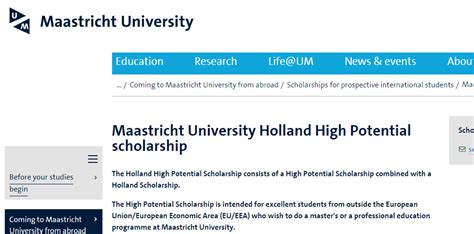 Maastricht University Holland High Potential Scholarship Netherlands