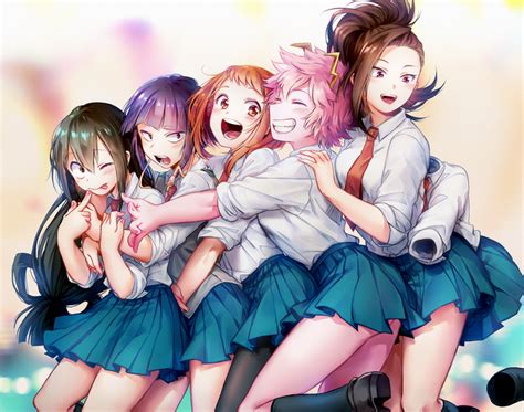 Hugging Smiling Boku No Hero Academia Yaoyorozu Momo Anime Girls Pink Hair Hagakure Tōru