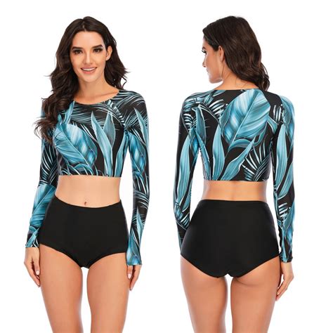 High Waist Two Pieces Rash Guard Crew Neck Top Swimsuit