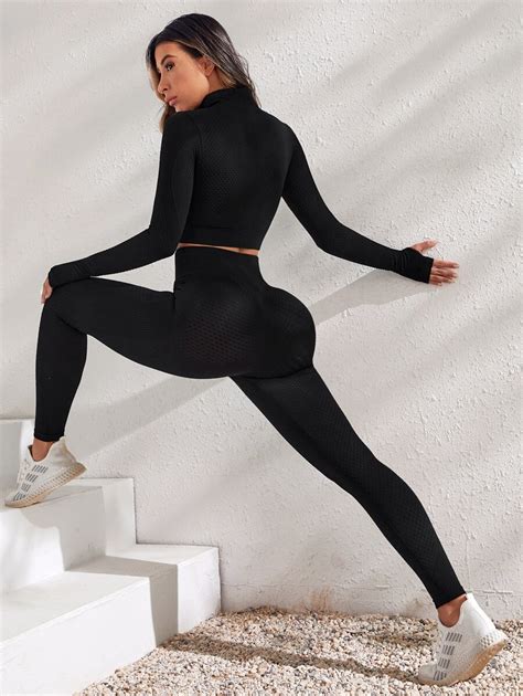 Shein Yoga Basic Pcs Seamless High Stretch Yoga Set Sports Suit Zip Up