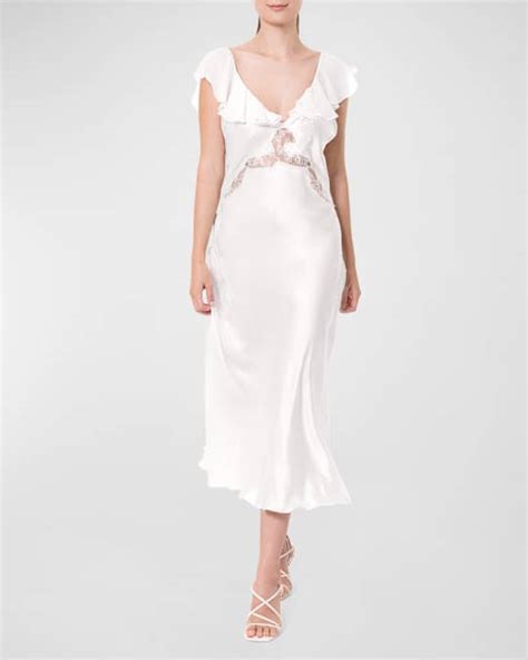 Christine Lingerie Angel Lace Trim Silk Charmeuse Ruffle Nightgown Neiman Marcus
