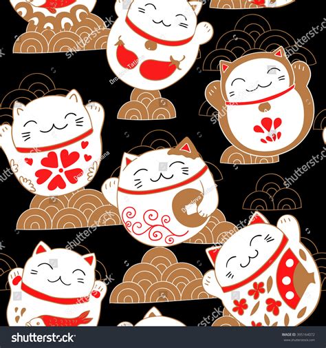 Seamless Pattern Cats Manekineko Vector Illustration Stock Vector