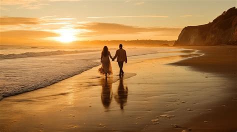 Pareja Paseando Por La Playa Al Atardecer Foto Premium