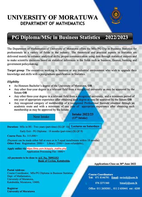 Pg Diploma Msc In Business Statistics University Of Moratuwa Uom Coursenet