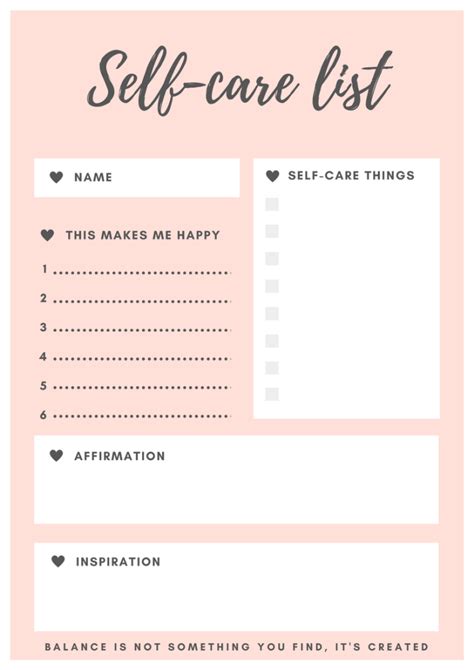 Printable Self Care Plan Template