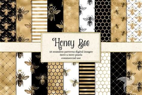 Honey Bee Digital Paper Seamless Patterns Black And Gold Bee