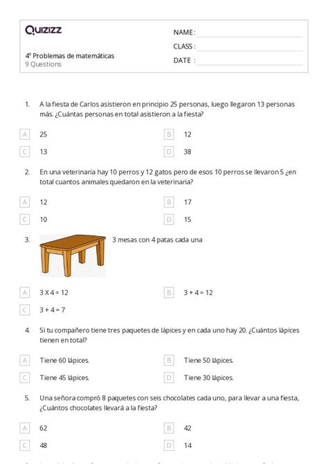 Problemas De Matem Ticas Hojas De Trabajo Para Grado En Quizizz