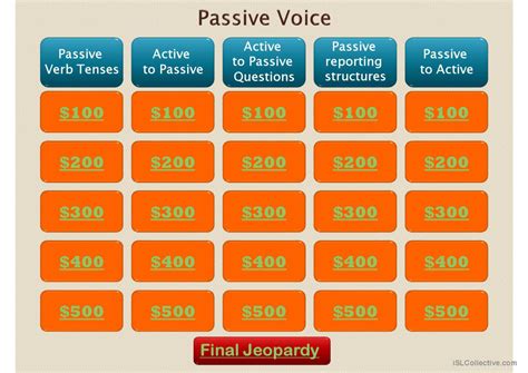 Passive Voice Jeopardy Game English Esl Powerpoints