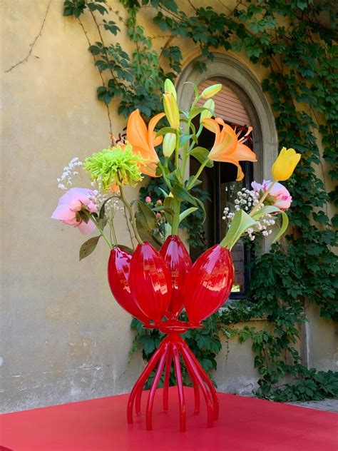 Hand Blown Red Colored Glass Flower Vase Artifact Shruberry For Sale At 1stdibs